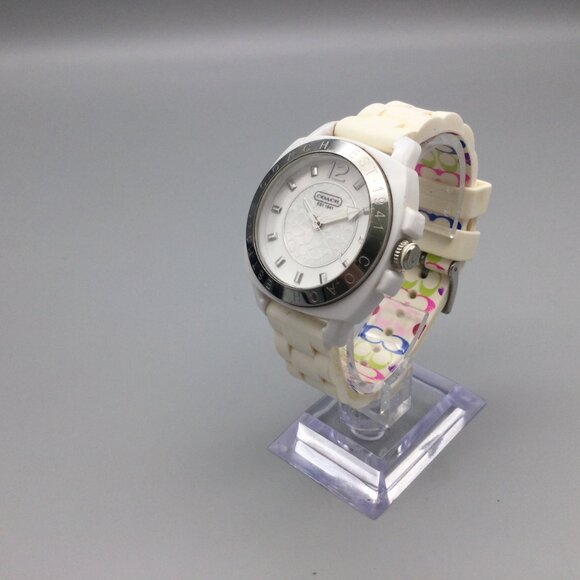 Coach Watch Women 42mm Silver Tone Logo Dial White Band New Battery main image 7